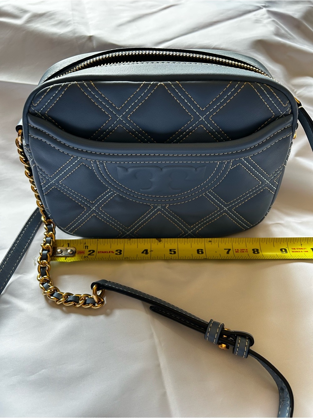 Quilted Tory Burch light blue Leather Crossbody Bag with Chain Strap